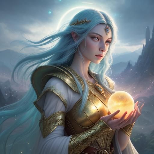 Young Adult with Glowing Orbs in Fantasy Landscape