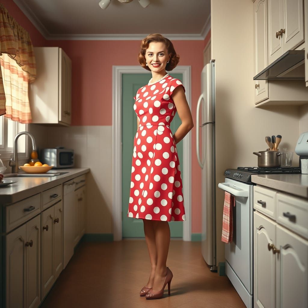 1950s Housewife in Polka Dots, Retro Art Style