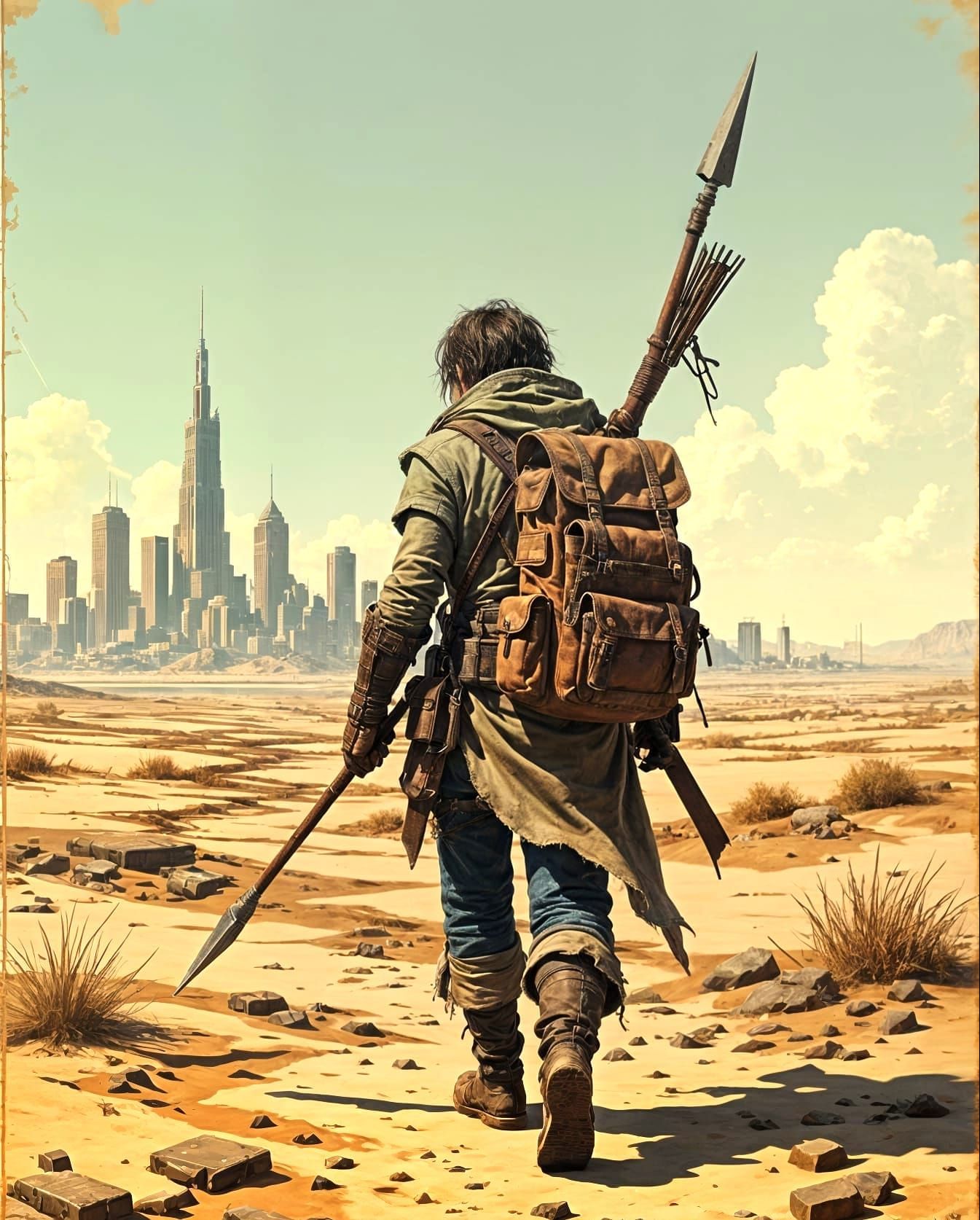 Post-Apocalyptic Wanderer in Wasteland Ruins