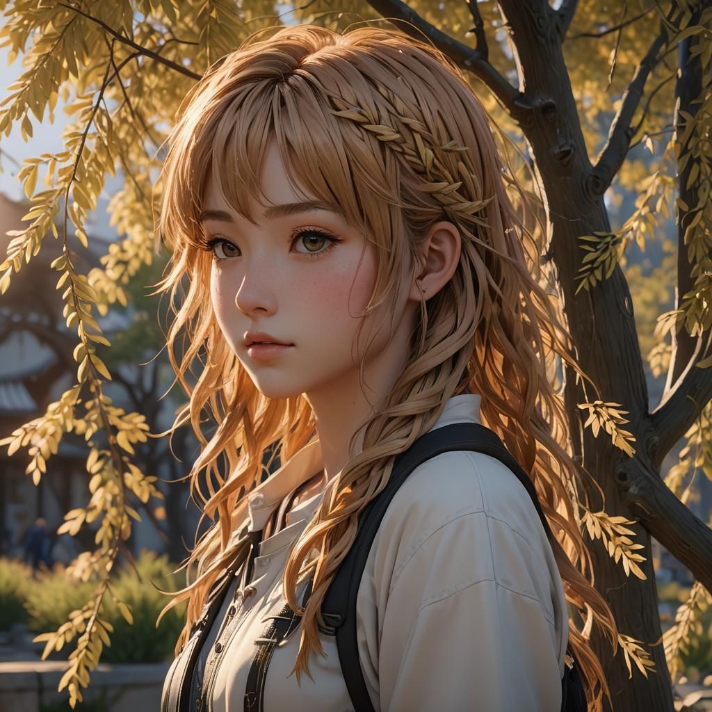 Anime Girl with Willow Hair at Golden Hour