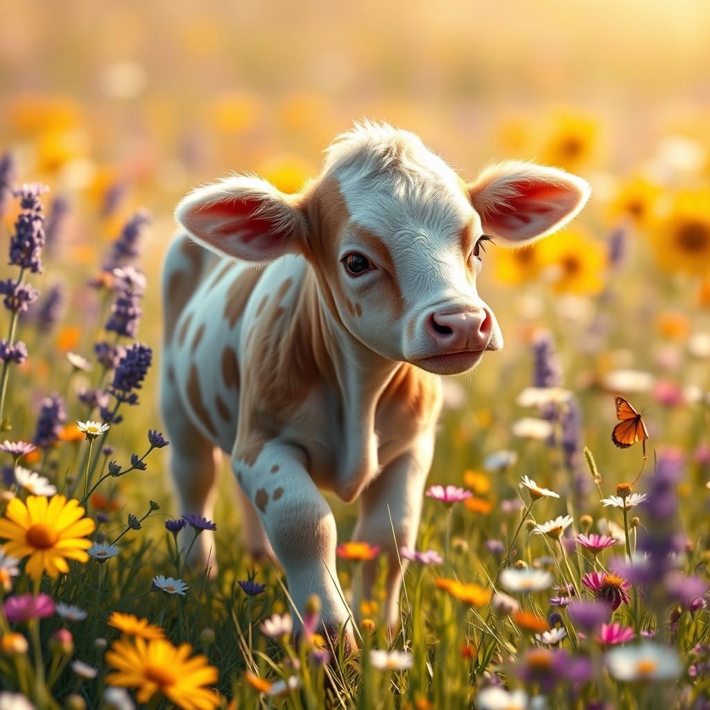 Whimsical Meadow Scene with Delicate Baby Cow and Vibrant Wi...