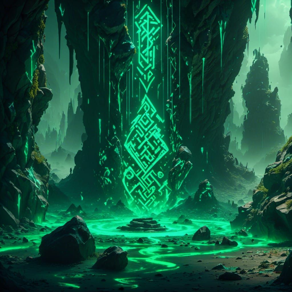 Green Glowing Runes Emanate from Geode: Fantasy Art