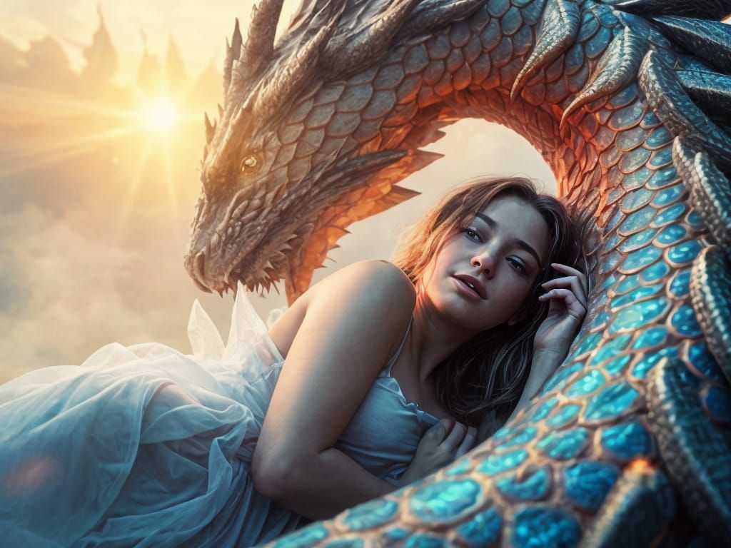 Girl and Rainbow Dragon in Mystical Dawn