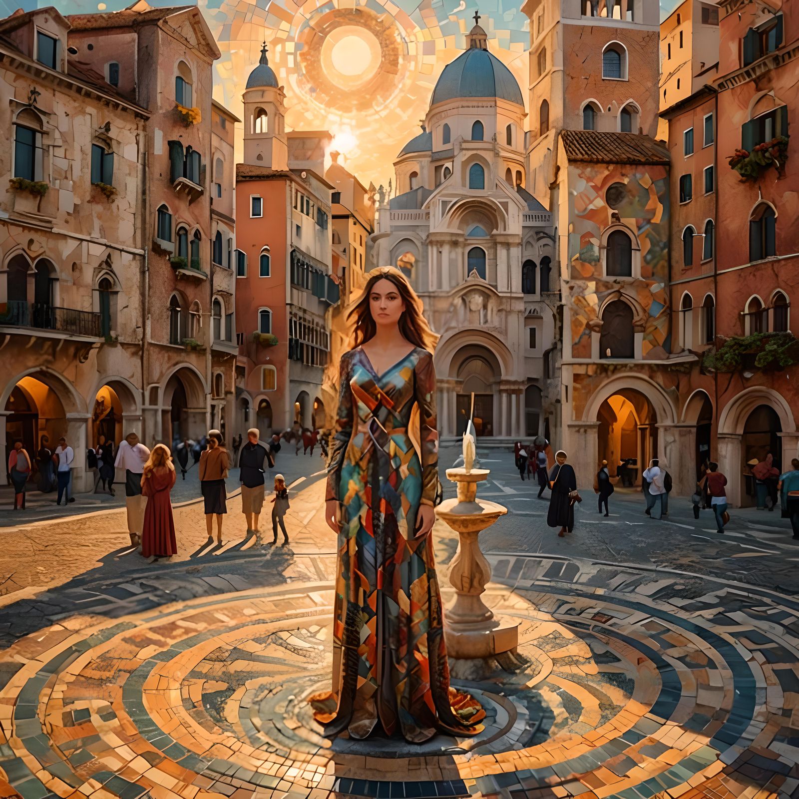 Mosaic Sunset Over Venetian Town Square