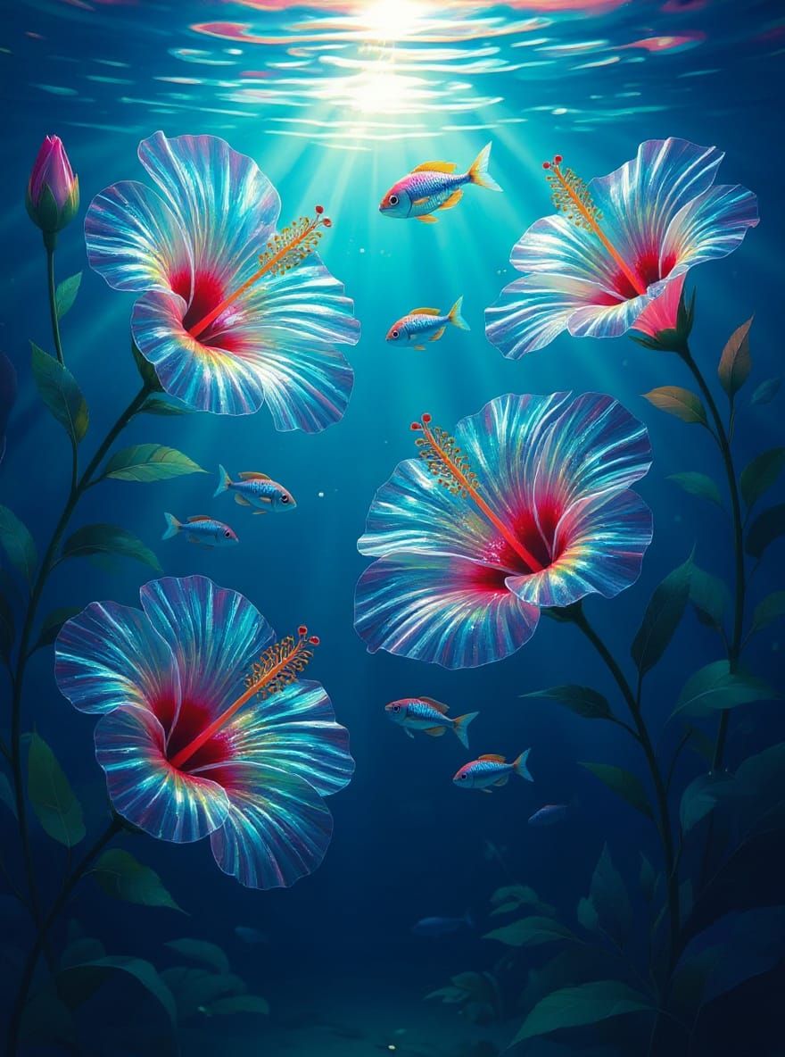 Underwater Crystal Hibiscus Flowers in a Surreal Style