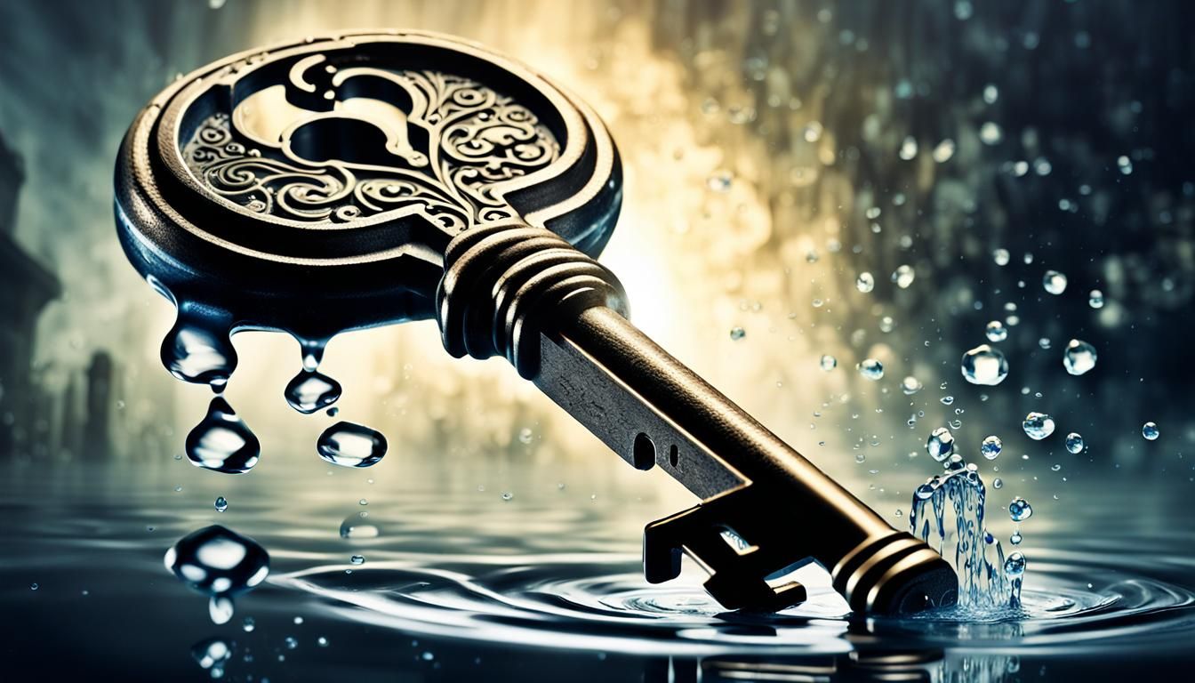 Majestic Key Suspended in Air with Cascading Water
