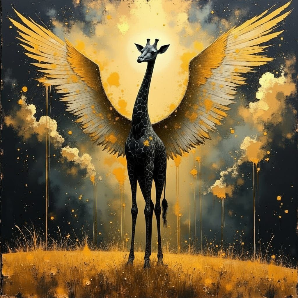 Majestic Winged Giraffe in African Prairie Oil Painting