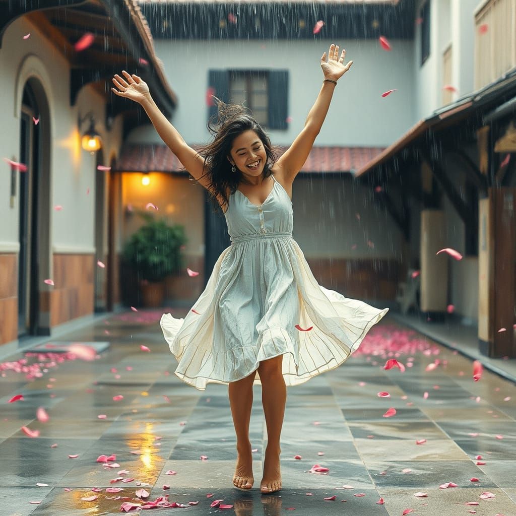 Woman Dancing in Rain: Vintage Watercolor and Ink