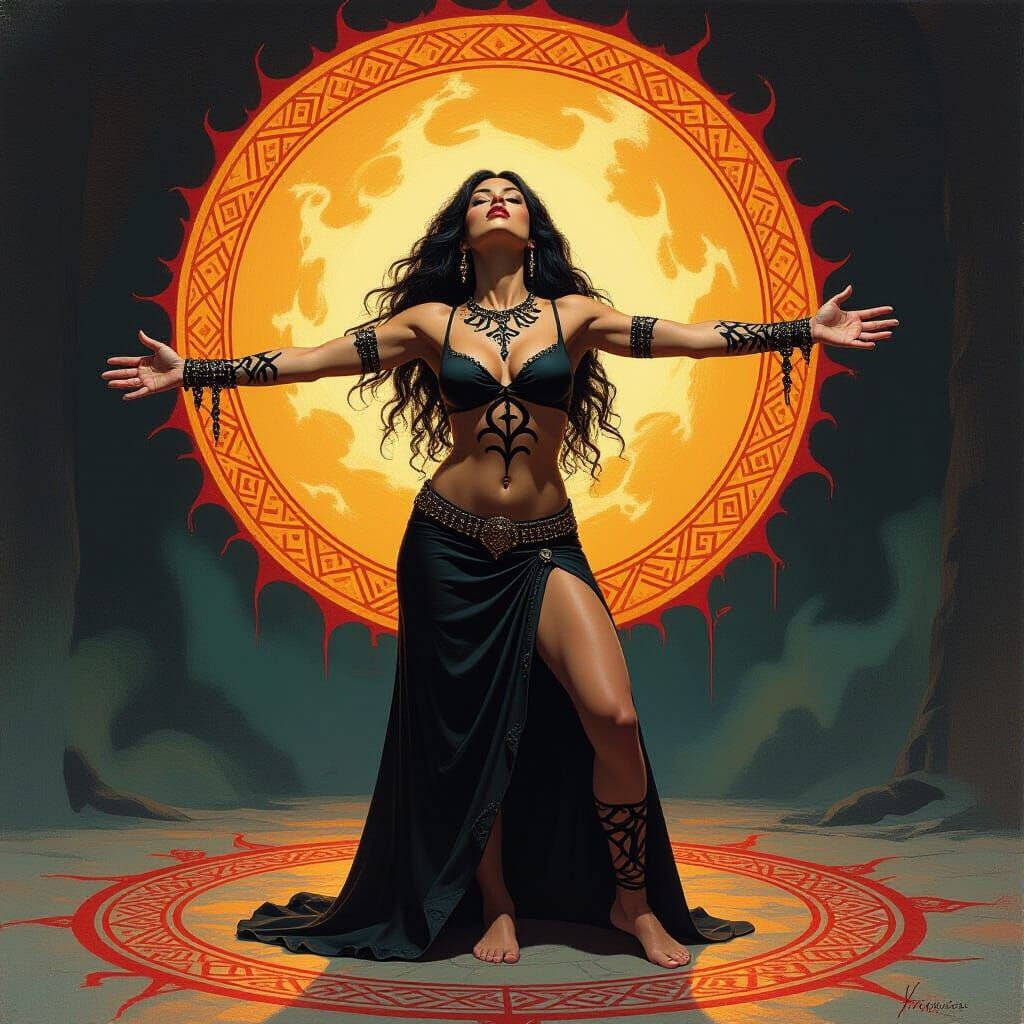 Mystic Woman in Summoning Circle: Fantasy Oil Painting