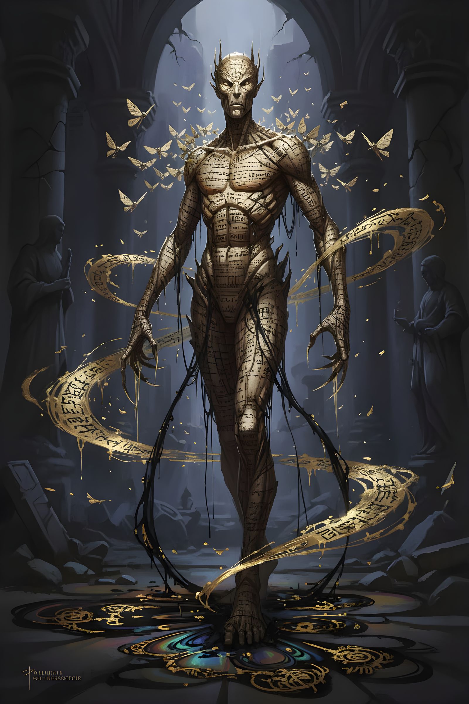 Parchment Figure with Moving Scripture and Gold Leaf Script