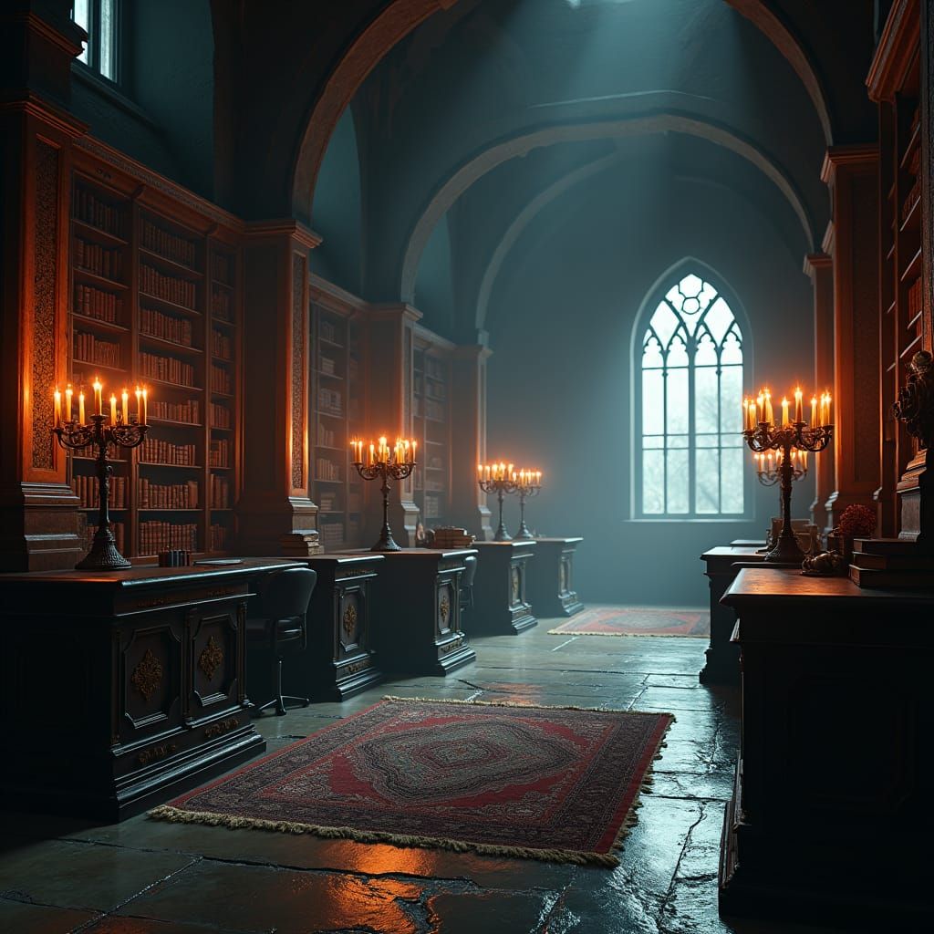 Mysterious Dark Office with Ancient Books