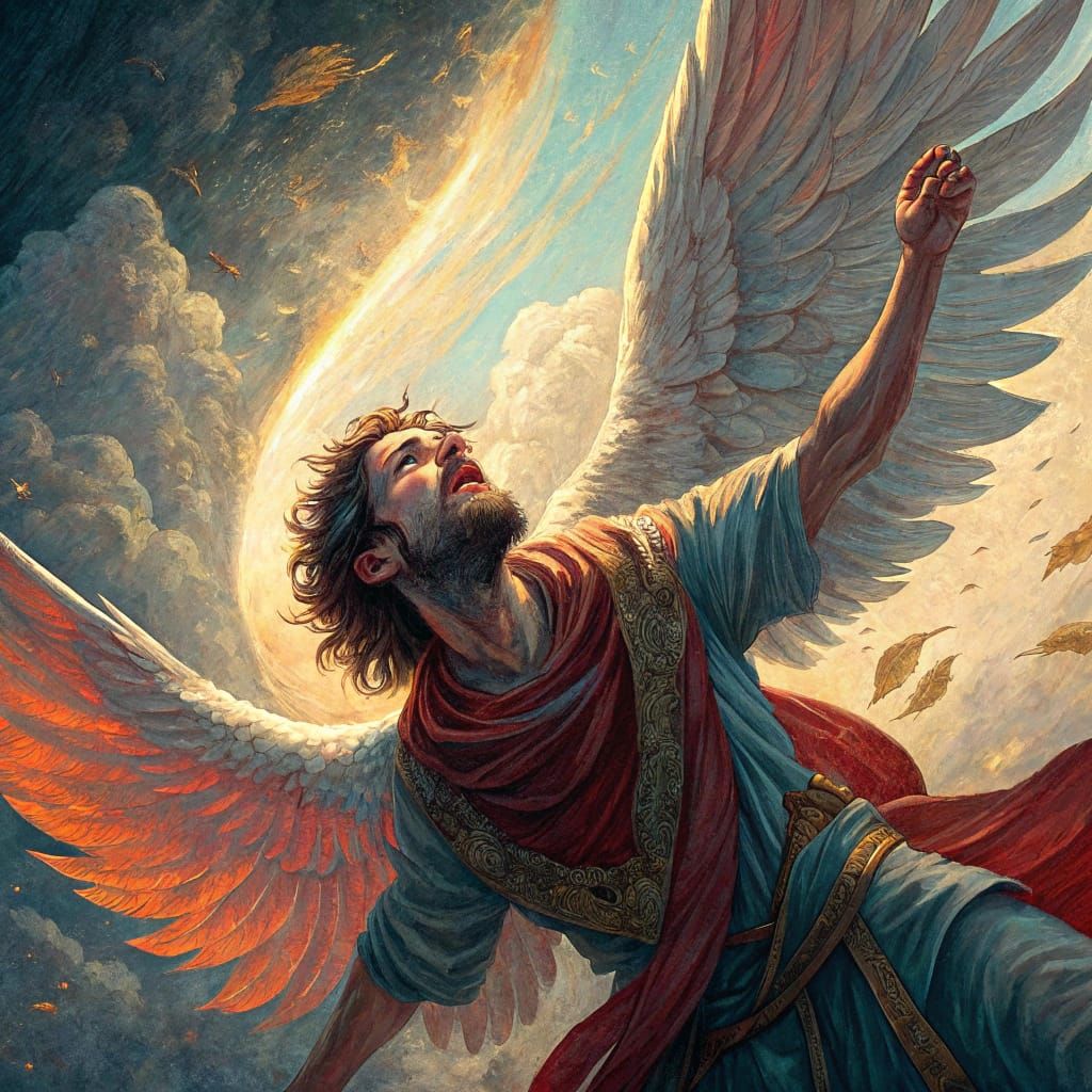 Icarus's Daring Descent in Vibrant, Impressionist Splendor