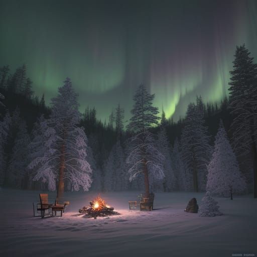 Winter Camping Scene in a Mystical Forest
