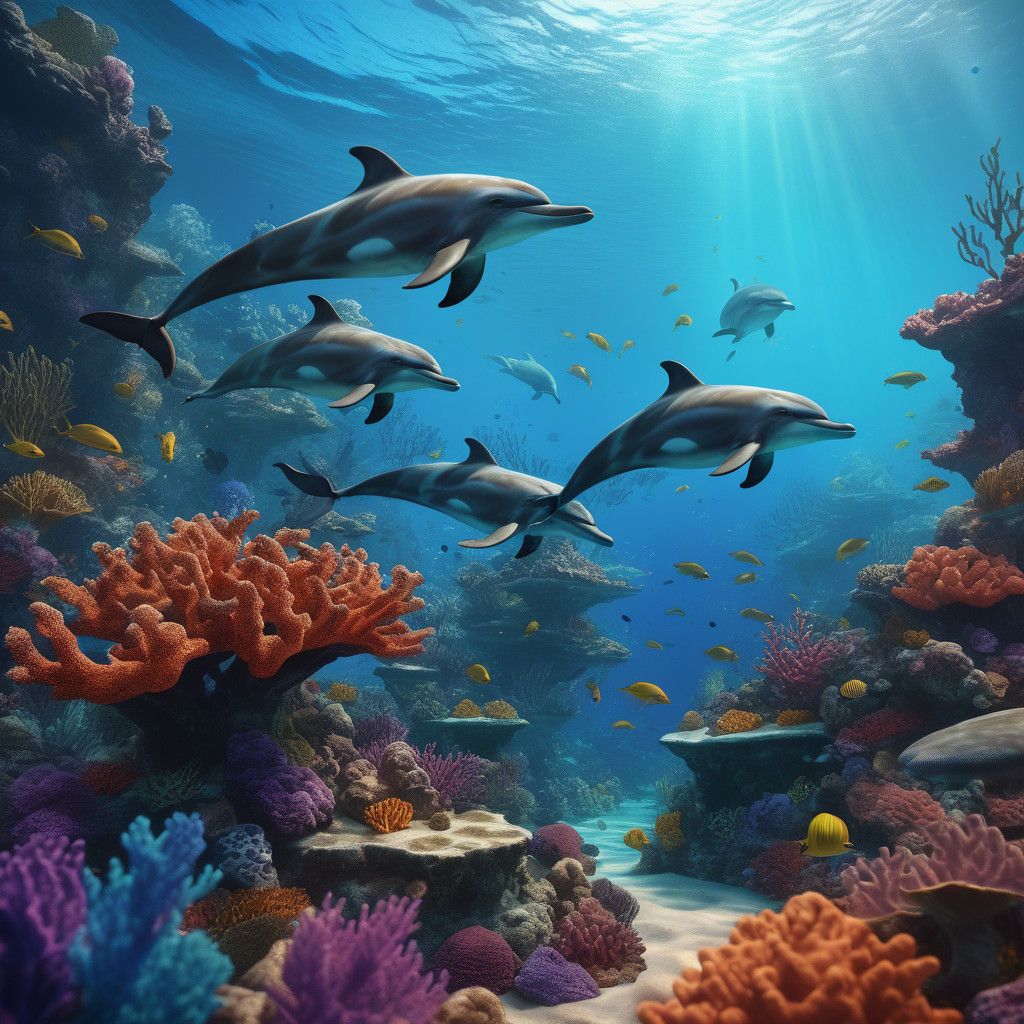 Dolphins in Vibrant, Fantastical Underwater World