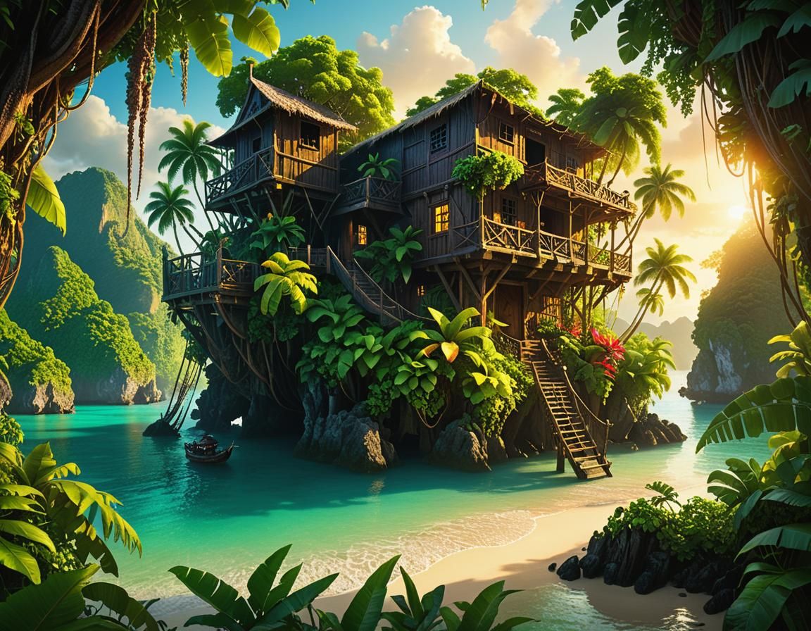 Tropical Pirate Hideout in Vibrant Oil Painting