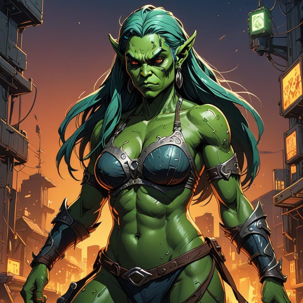 Heroic Female Orc in Vibrant Anime Style