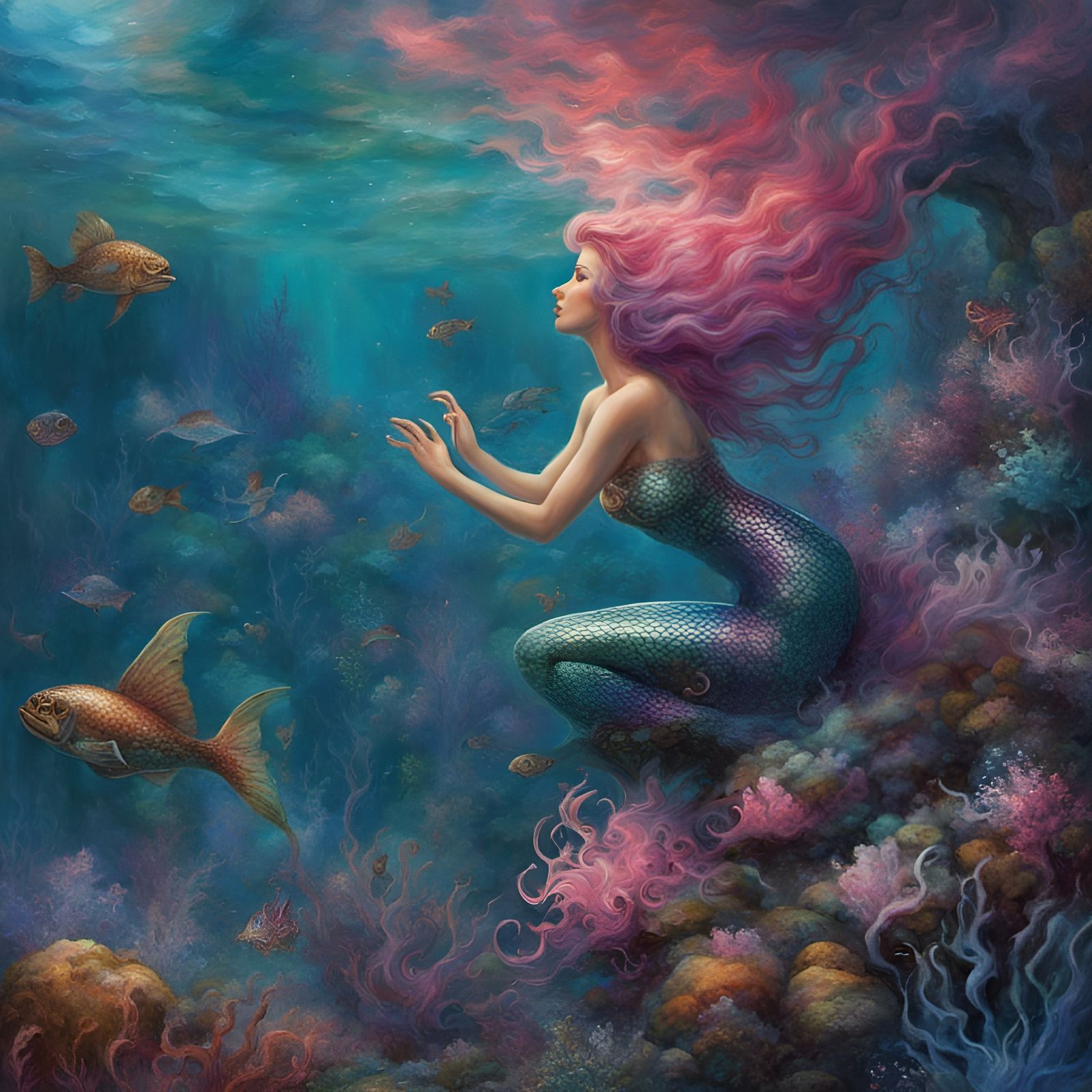 Vibrant Mermaid in Coral Reef: Ethereal Fantasy Art
