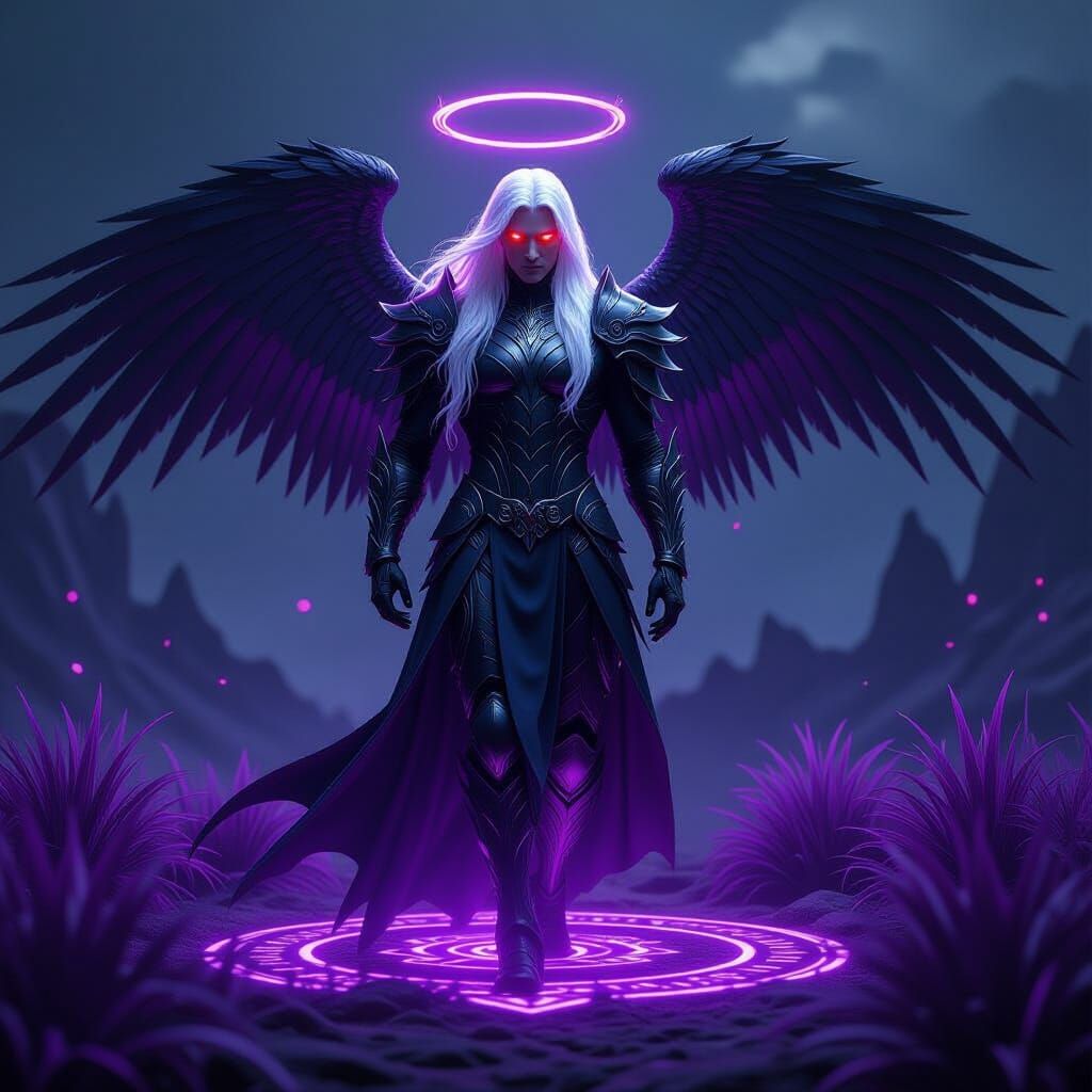 Fallen Angel with Glowing Eyes in Armored Suit