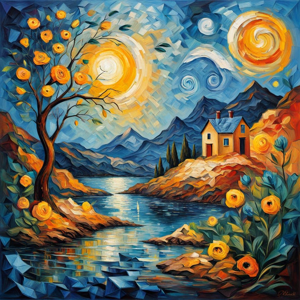 Vibrant Cubist Masterpiece in Impasto Oil Painting Style