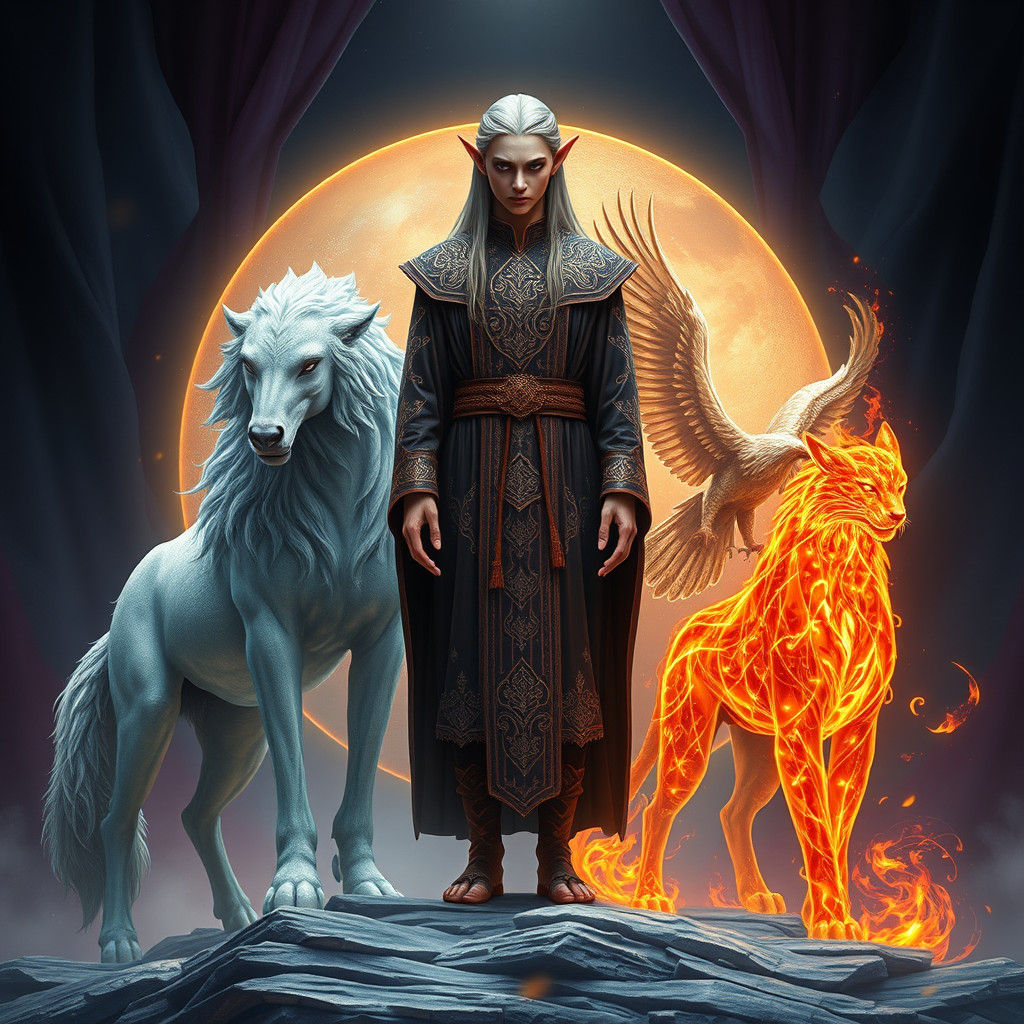 Elf Commands Elemental Creatures in Matte Painting Style