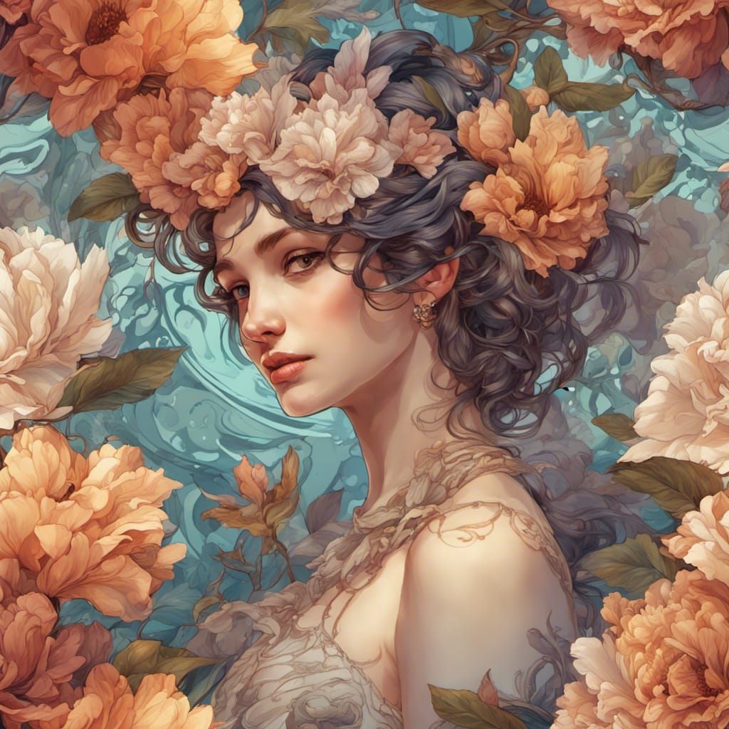 Floral Delights Seamless Pattern, Hyperdetailed Portrait