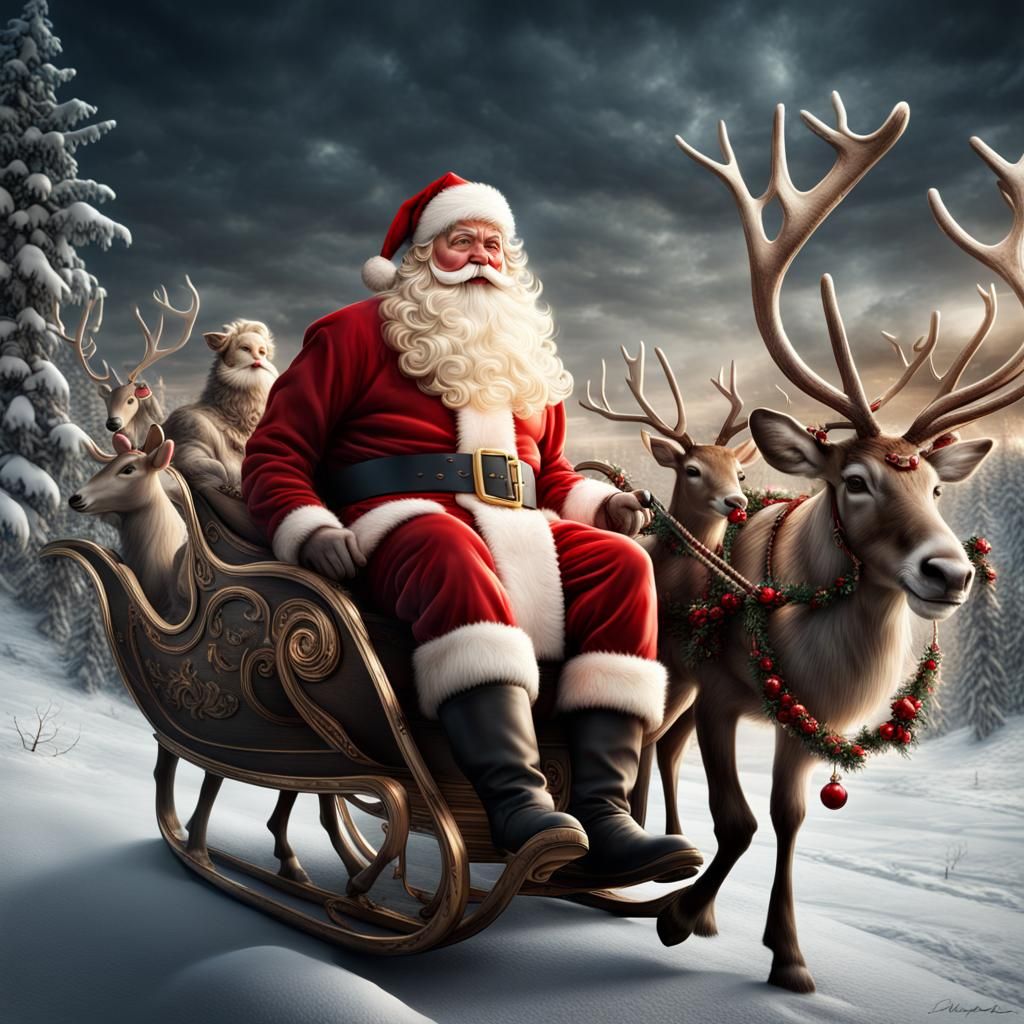 Hyperrealistic Santa Claus and Reindeer Sleigh Ride