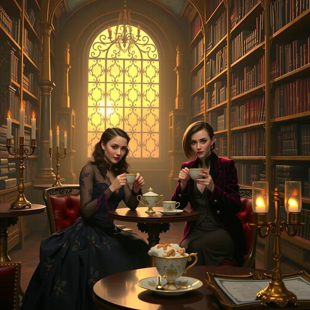 Mysterious Dark Academia Cafe Scene with Intricate Details