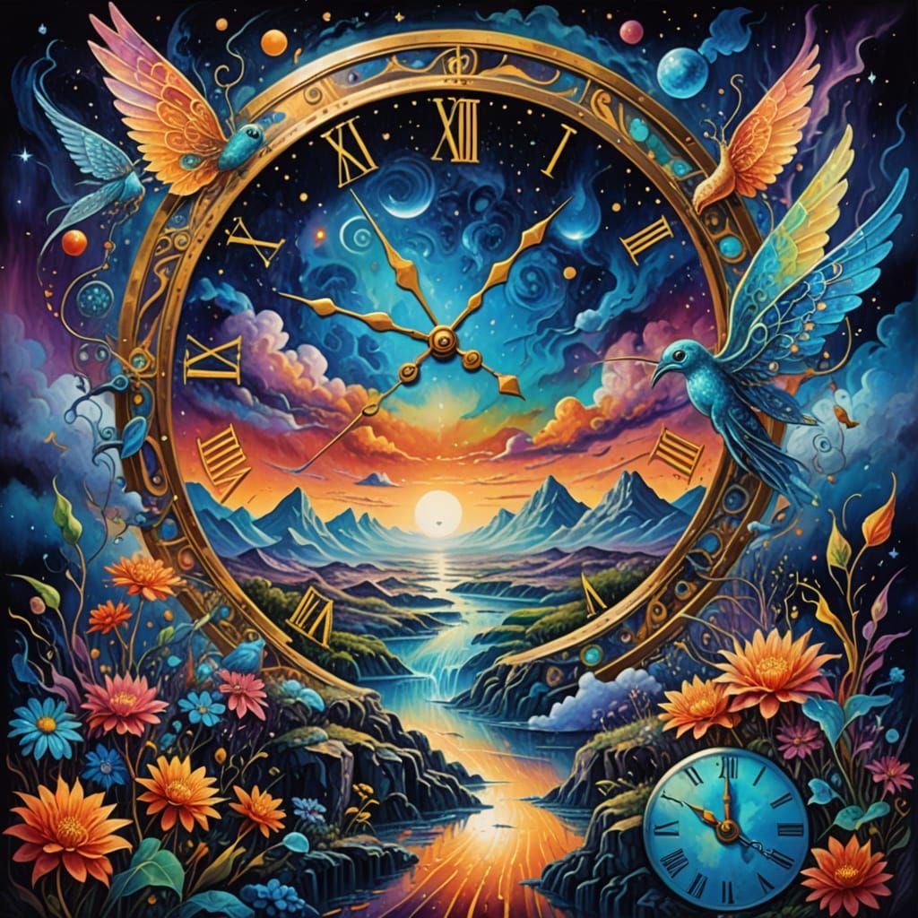 Ethereal Clockwork Dreamscape in Vibrant Cosmic Colors