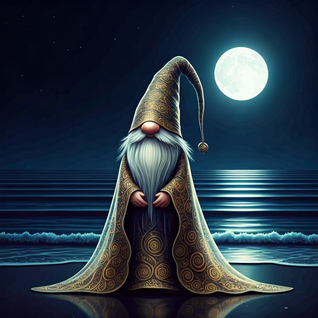 Mystical Gnome at Moonlit Ocean Edge