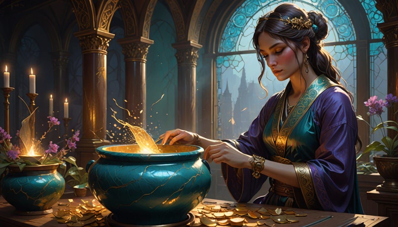 Woman Painting Kintsugi Pot in Encaustic Digital Watercolor