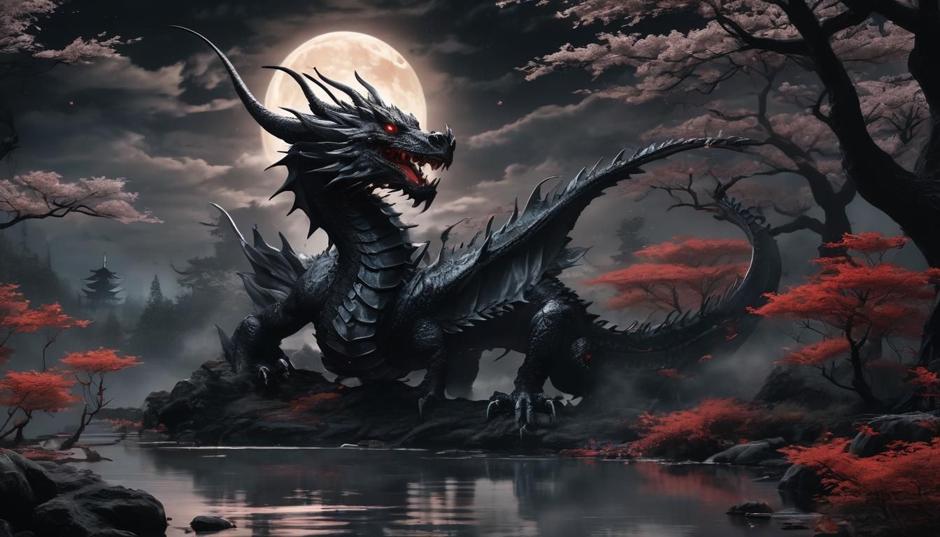Cinematic Red and Black Dragon in Moonlight