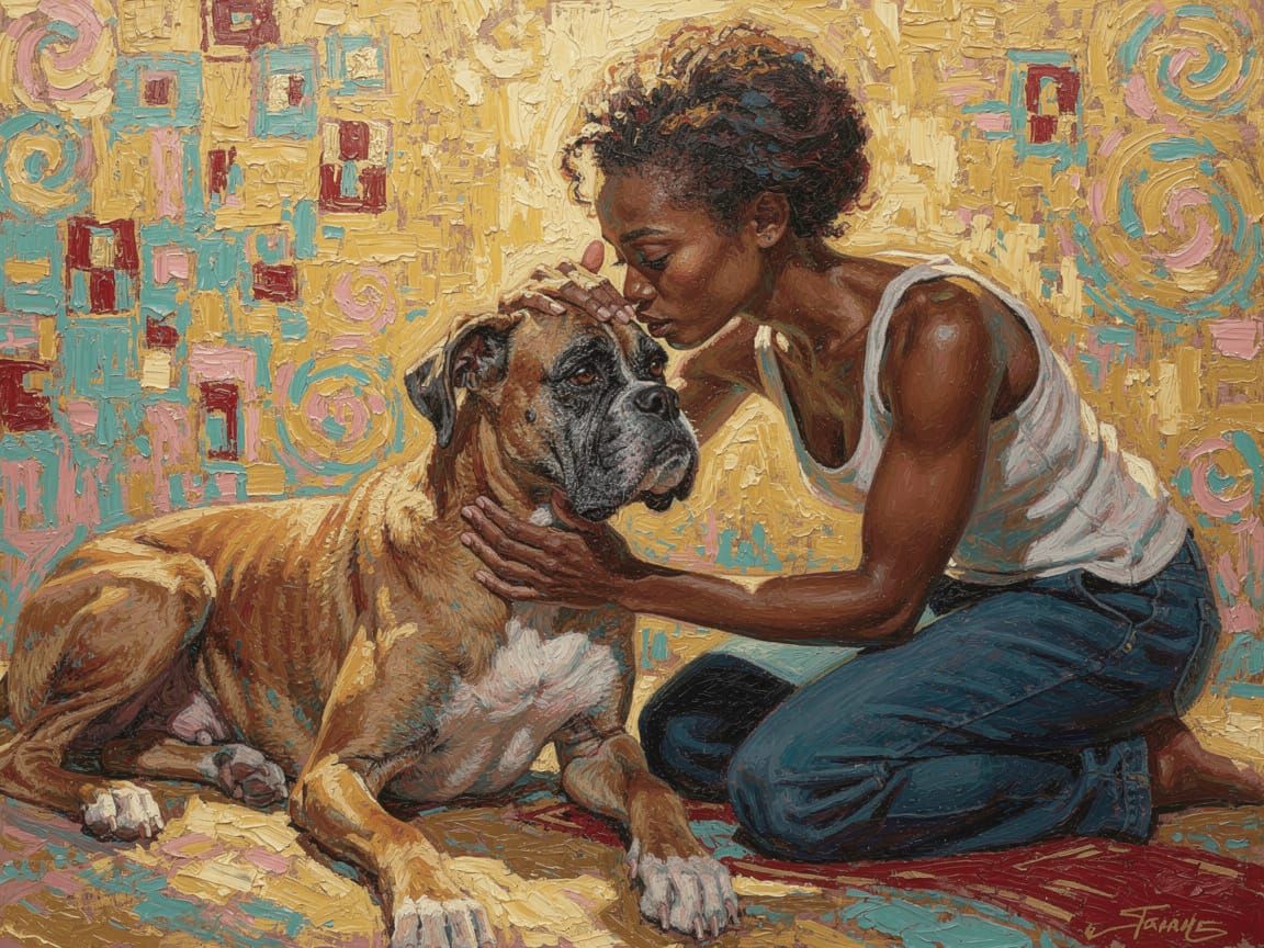 Emotional Oil Painting of Woman and Dying Boxer Dog