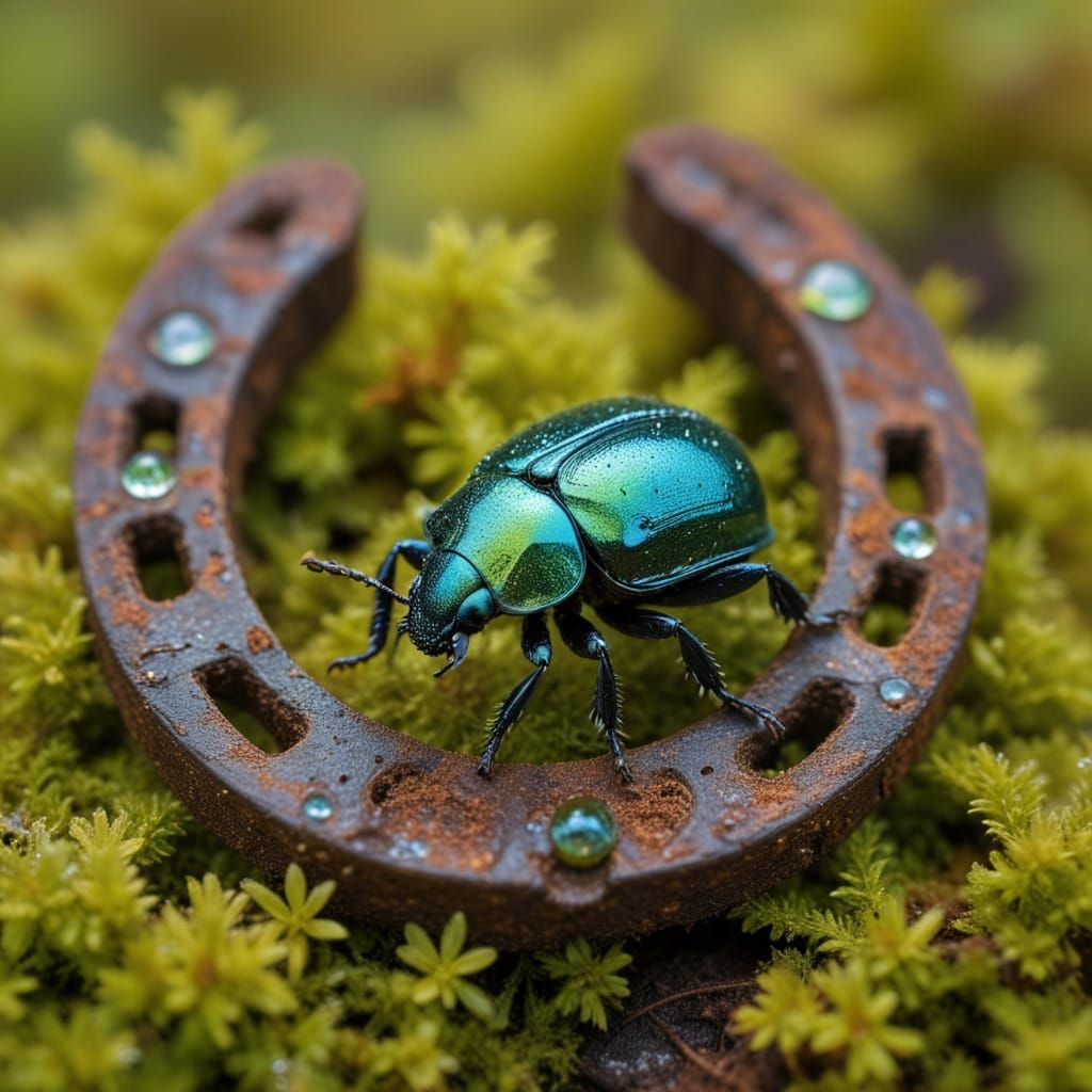 Iridescent Beetle Crawling on Rusty Horseshoe