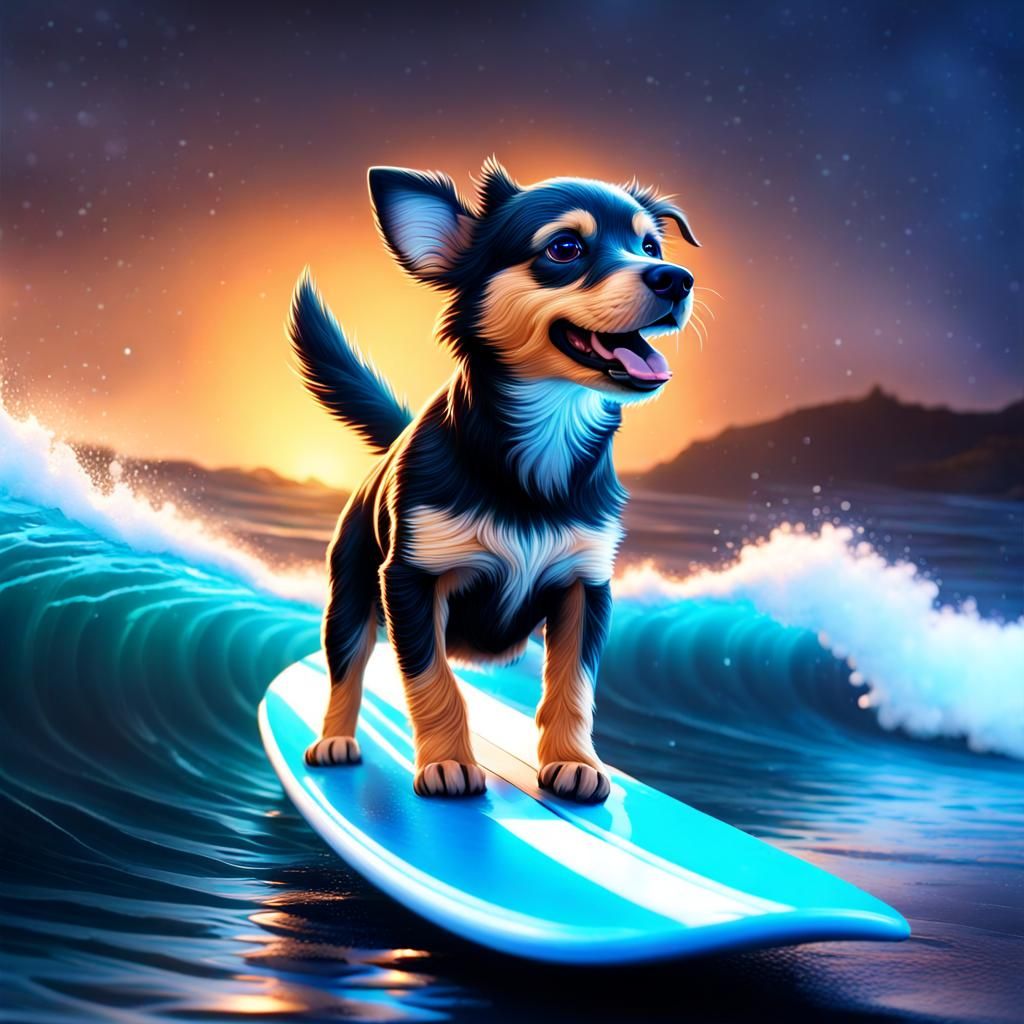 Dog Surfing Bioluminescent Wave in Hyperrealistic Style