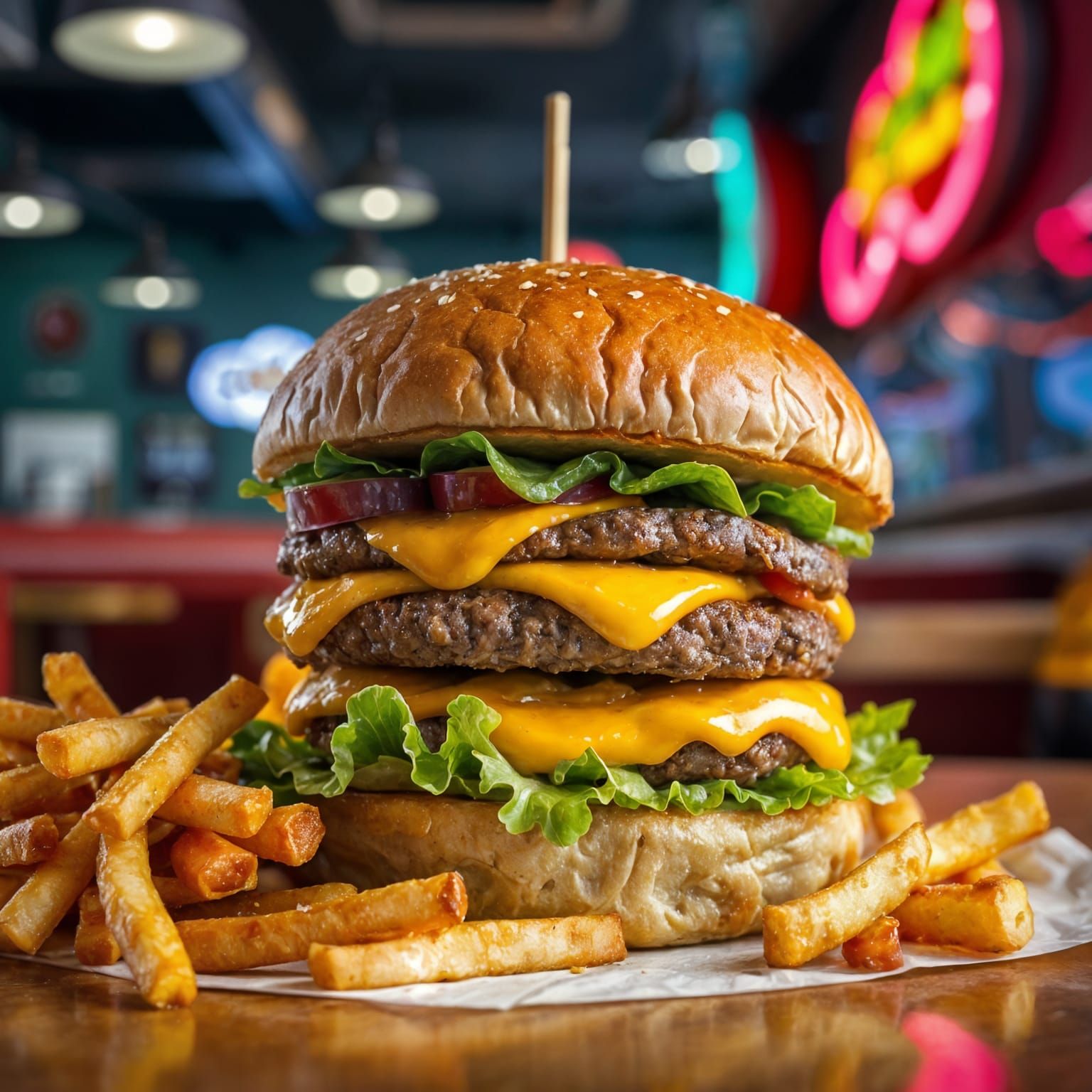 Ultra-Detailed Cheeseburger in a Trendy Diner