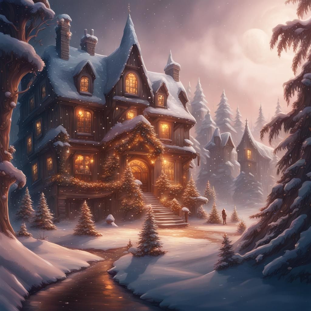 Calm Christmas Scene in Detailed Matte Painting Style