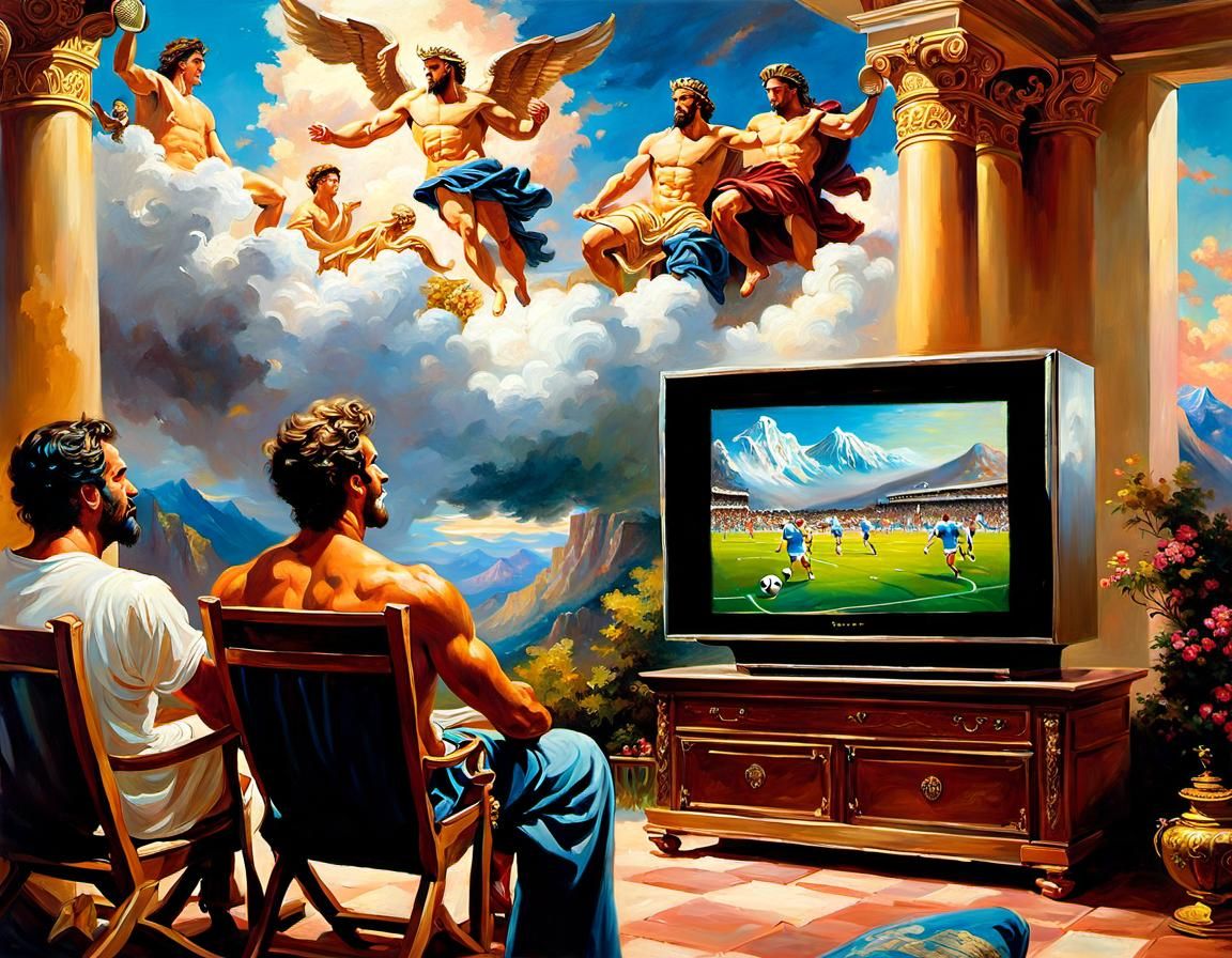 Greek Gods Watch Soccer: Classical Oil Painting