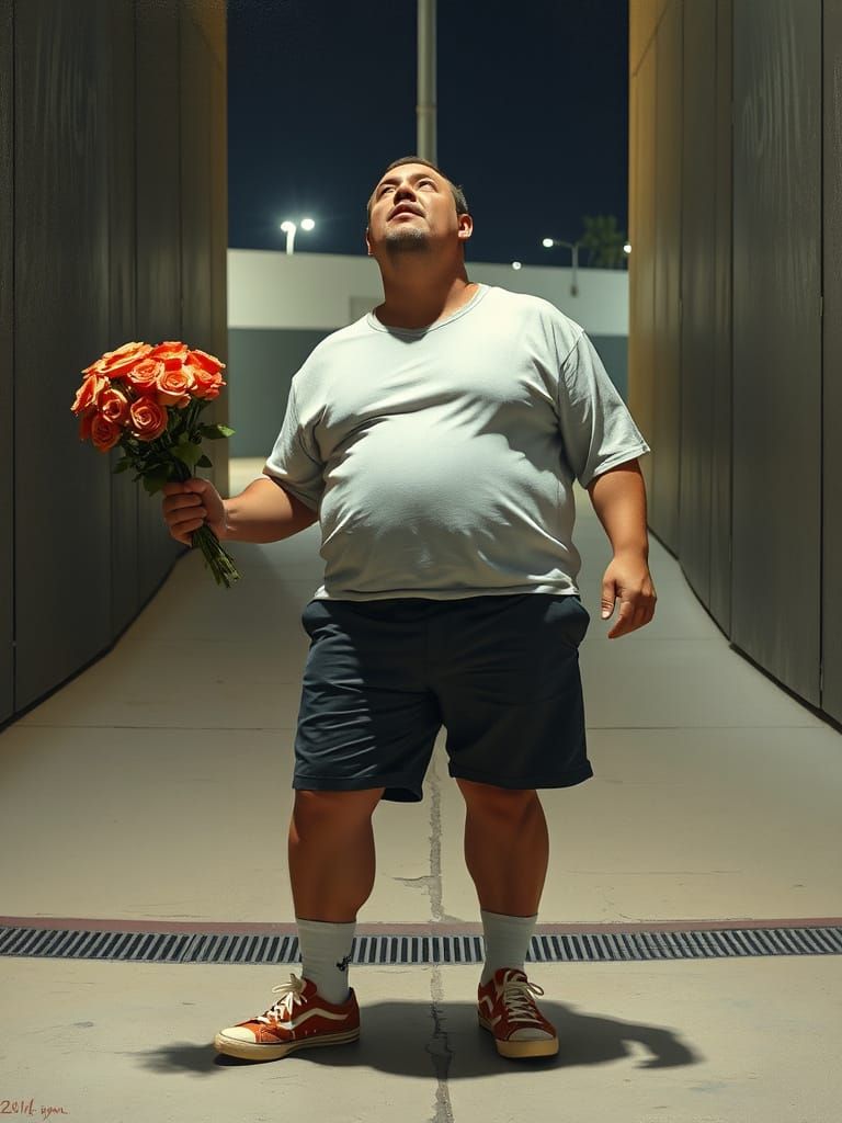 Humorous Oil Painting of a Man with Roses