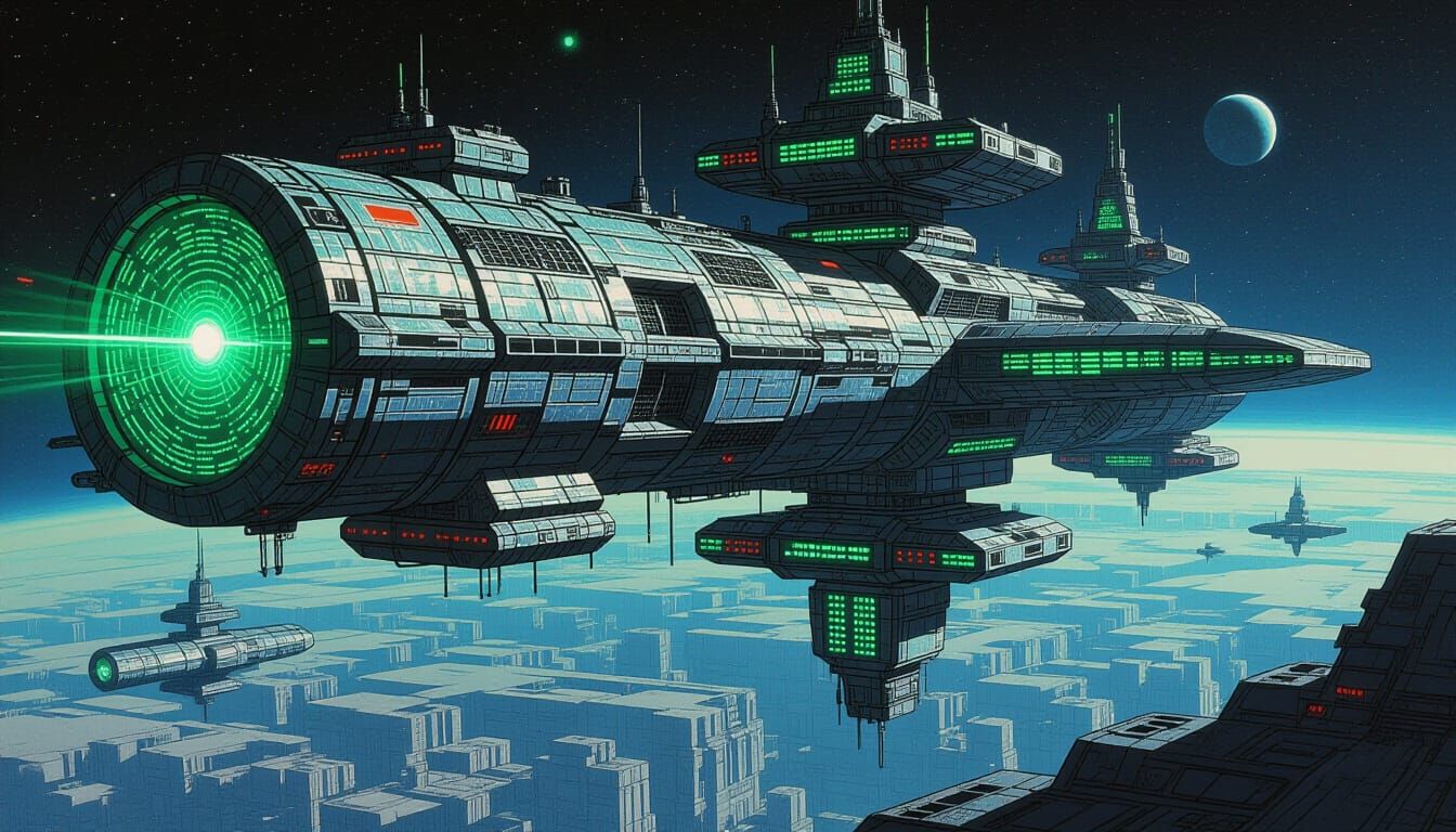 Detailed Pencil Drawing of Matrix Code Space Station