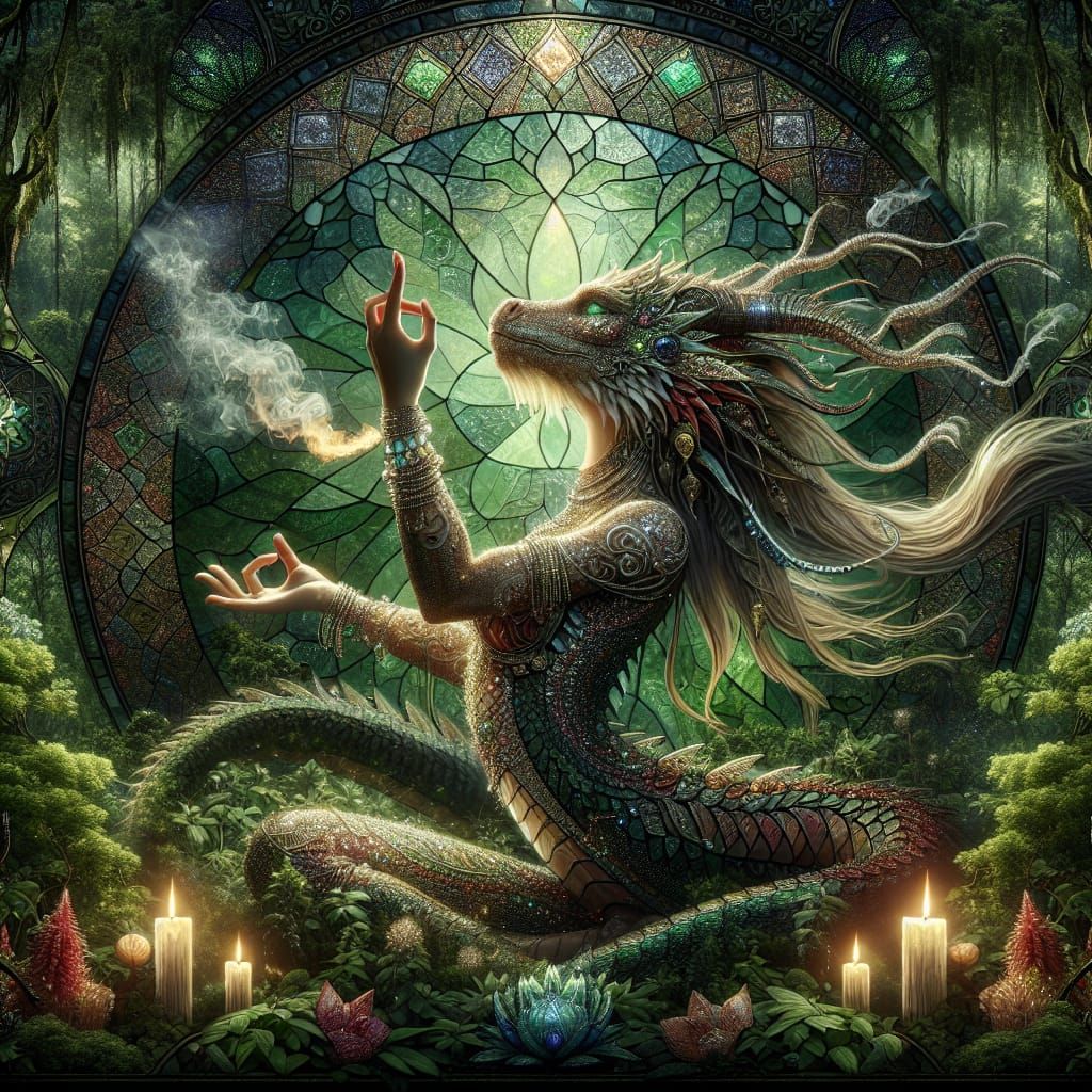Dragon in Yoga Pose: Stained Glass Digital Art