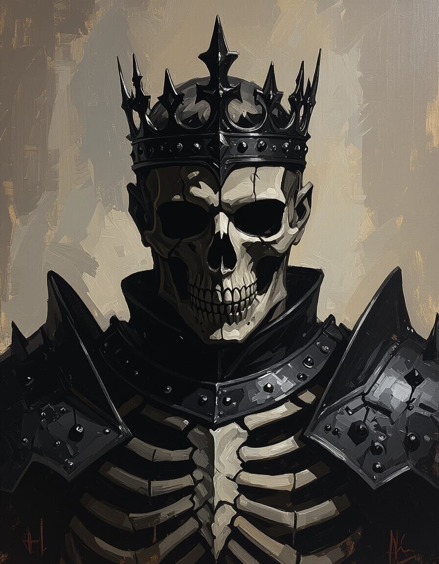 Shadowed King in Bone Armor, Dark Fantasy Oil Painting