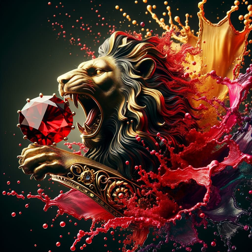 Hyperrealistic Gold Ring Scene with Roaring Lion