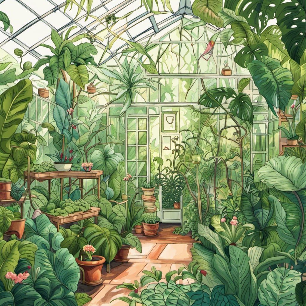Lush Victorian Greenhouse with Tropical Plants