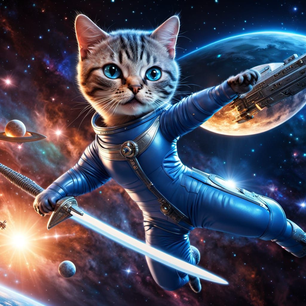 Majestic Space Cat Wields Sword Against Alien Starship