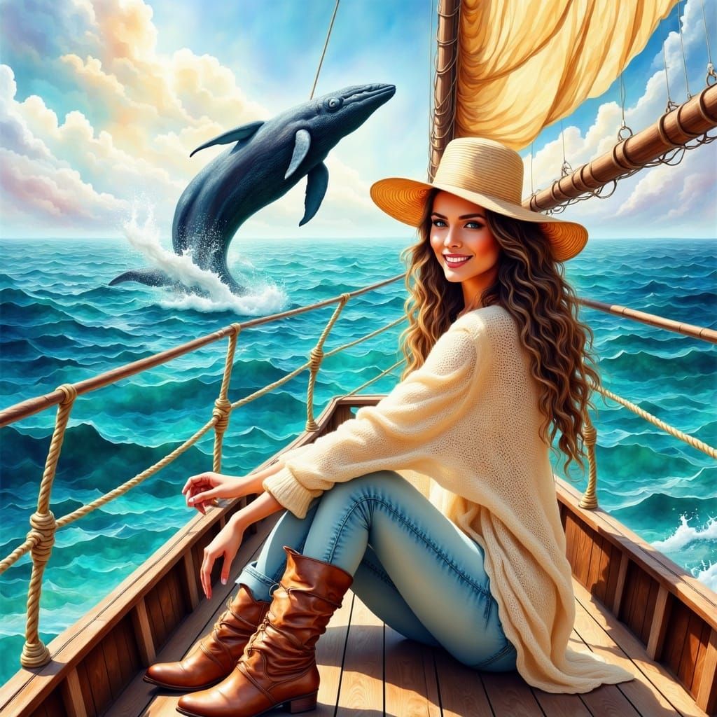 Woman on Sailboat Observes Whale in Dreamy Style
