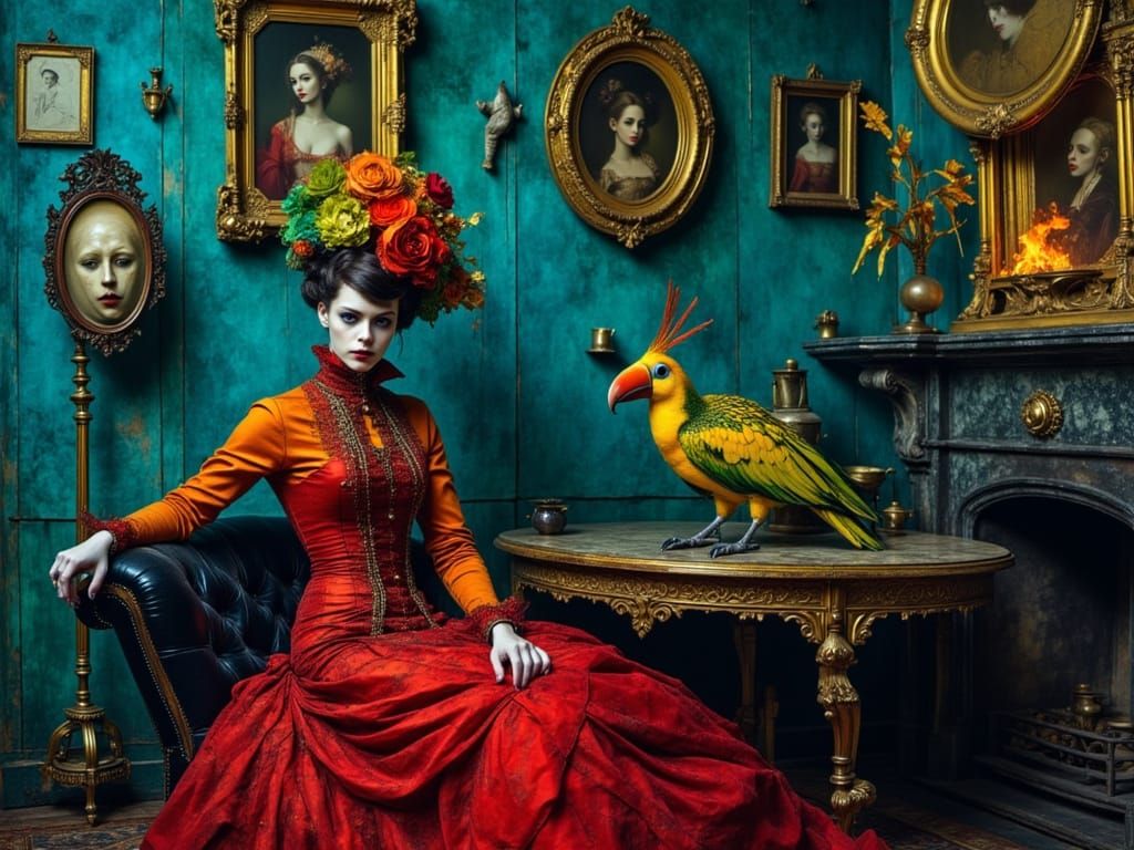 Red Baroness and Toucan Tea Party in Blue Salon