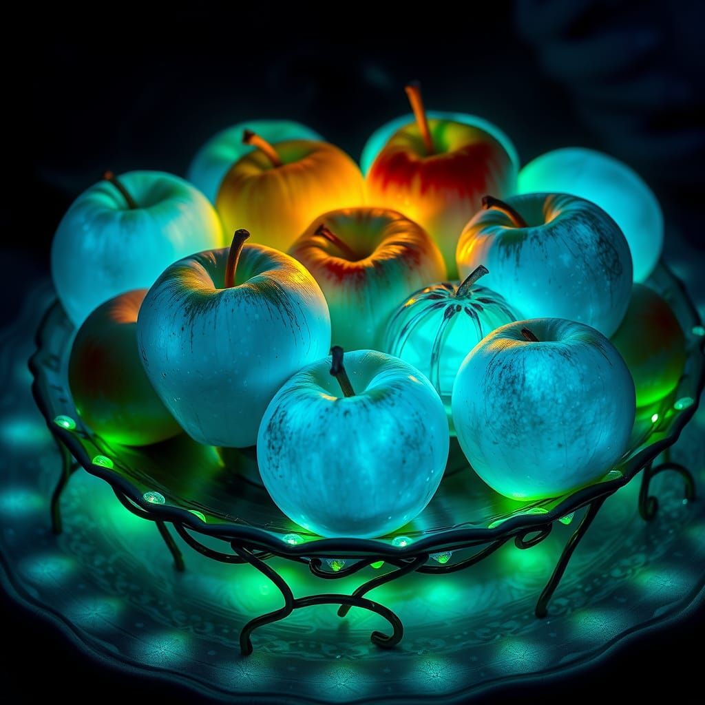 Bioluminescent Apples Glow on Mystical Platter