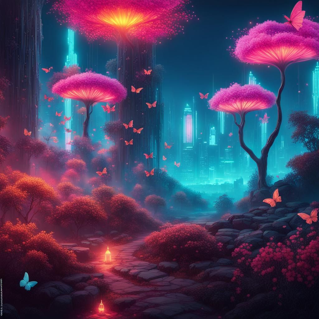 Cyberpunk Fantasy Landscape with Glowing Flora