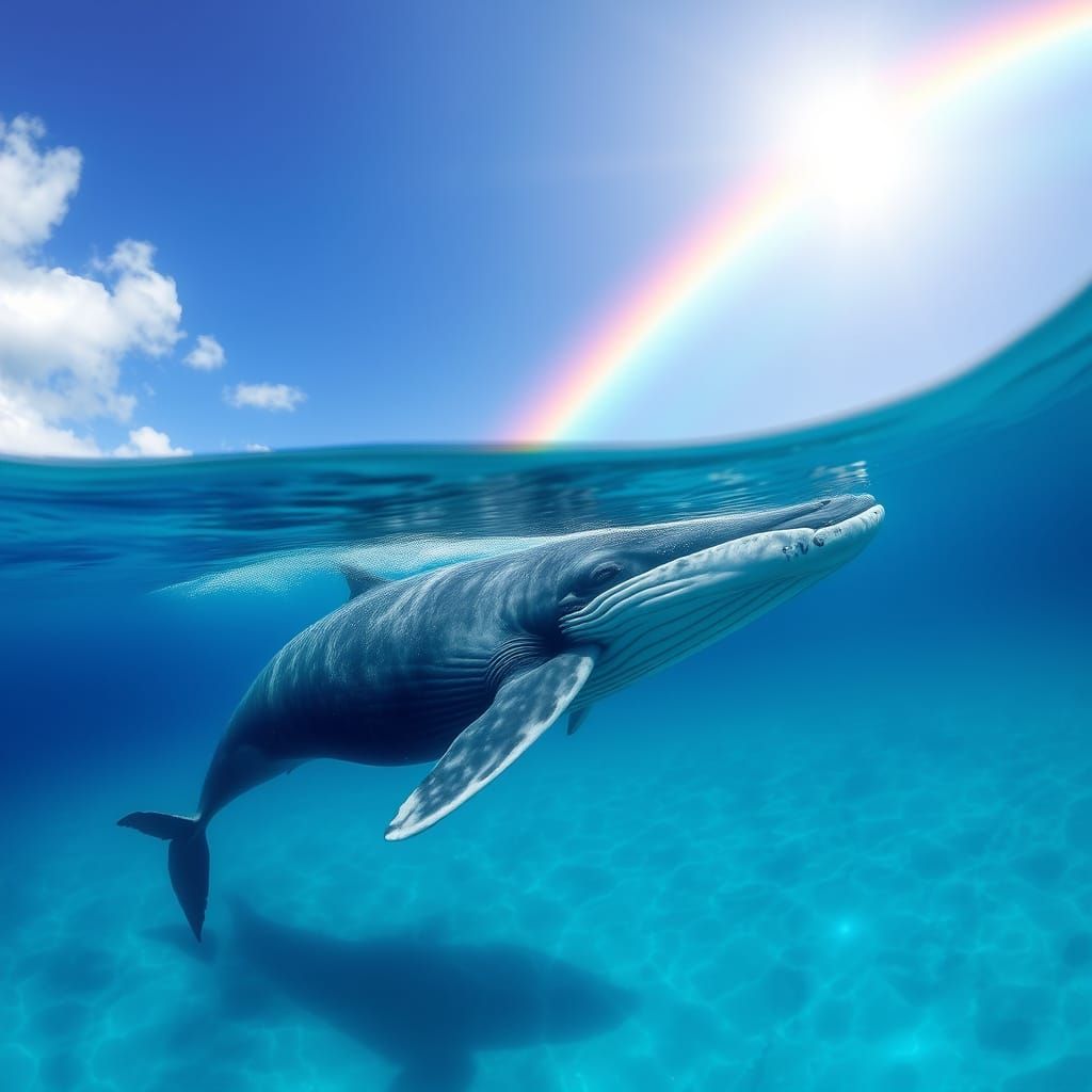Majestic Whale Swims in Turquoise Waters Under Rainbow