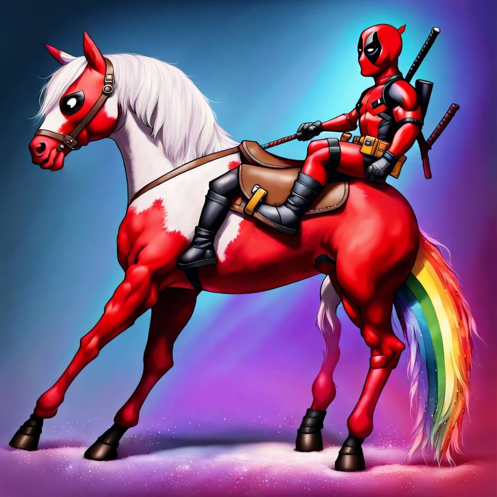 Mini Deadpool Dances on Red Unicorn